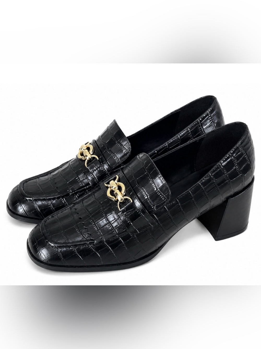 NEW ANN TAYLOR BLACK CROCO EMBOSSED LEATHER BLOCK HEEL KILTIE LOAFERS SHOES 8.5